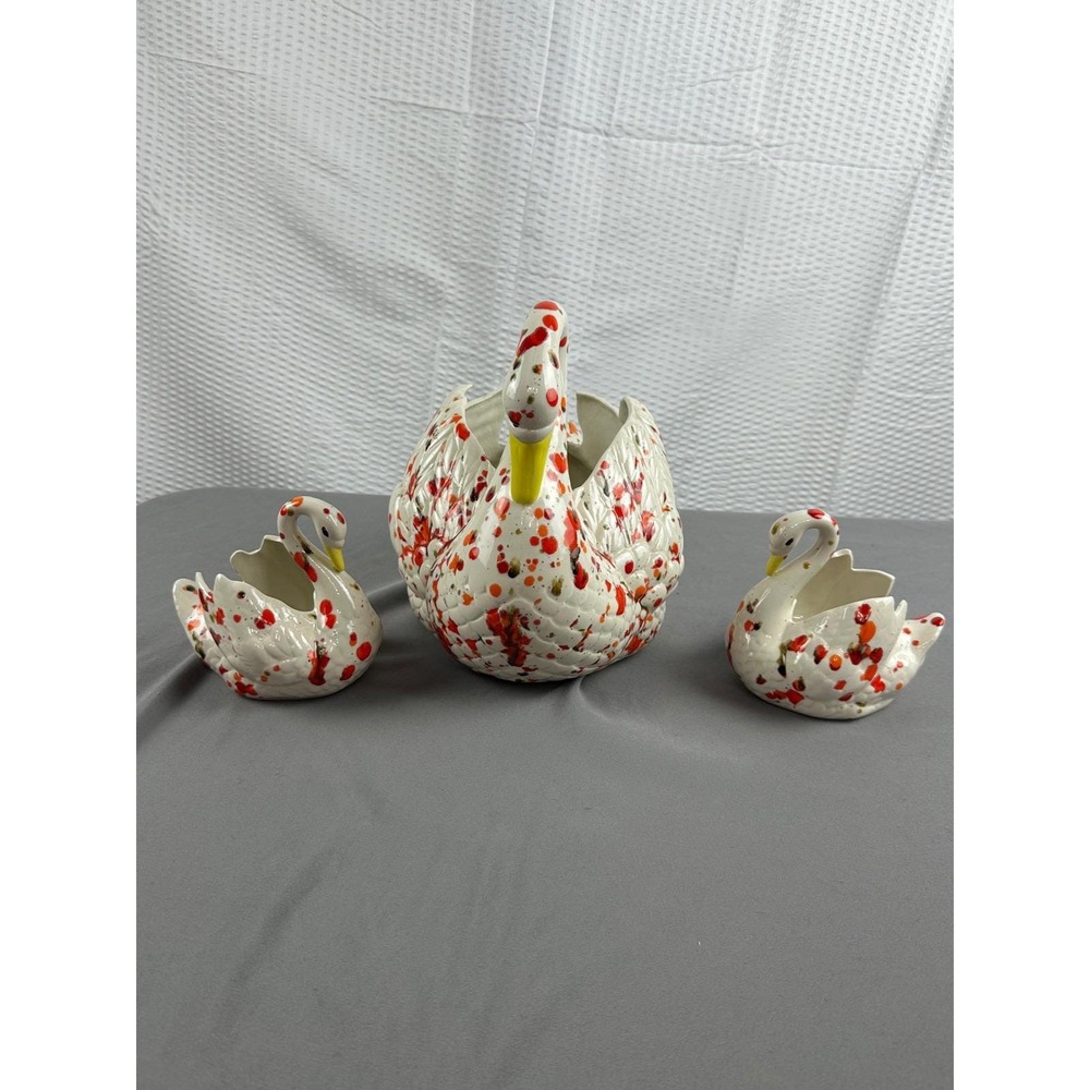 Holland Mold Swan Planter Set Orange Splatter Glaze Large & 2 Small, Vintage